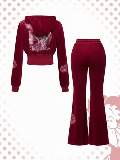 Betty Boop | ROMWE Ensemble 2 pièces de Sweat-shirt et pantalon en velours Y2K avec graphique de lettres et ornements de strass pour femmes