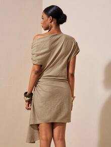 Zivah New Winter New Style Christmas New Year Birthday Party Banquet Preppy Style Student Wear Everyday Outing Basic Versatile Casual Cruise Travel Influencer Hot Style Street Style Elegant Commuting Business Casual Off-The-Shoulder Gathering At The Waist And Shoulders Side Ribbons  Brown Dress Winter Mini Dress Christmas Dress New Year Dress Women's Dress - Apricot - View 2