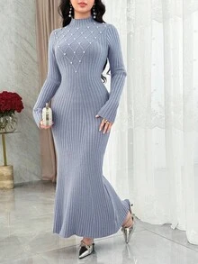 Feyla Damen Einfarbiges Kleid mit Stehkragen, Langarm, Künstliche Perlen Dekor, Figurbetont, Elegant, Gestrickt, Herbst/Winter - Blau - Übersicht 3