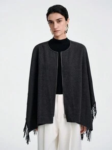 Aalyst Chaqueta sin mangas con cuello de chal, cierre de cremallera y decoración con flecos, de estilo gótico vintage para mujer. Tela suave y de alta gama, adecuada para uso casual, de commute, al aire libre y de fiesta en otoño/invierno - Gris Oscuro - Ver 1