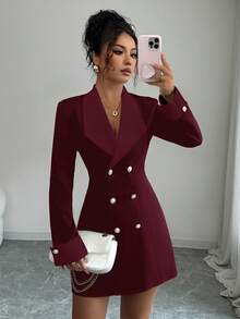 Selianne Minimalist Claret Long Sleeve Open Front Double-Breasted Short Dress, Suitable For Formal Dinners, Sisters' Gatherings, Evening Dates,Red Dresses For Women,Christmas Women's Clothing,Elegant Dresses For Women,Women At Work