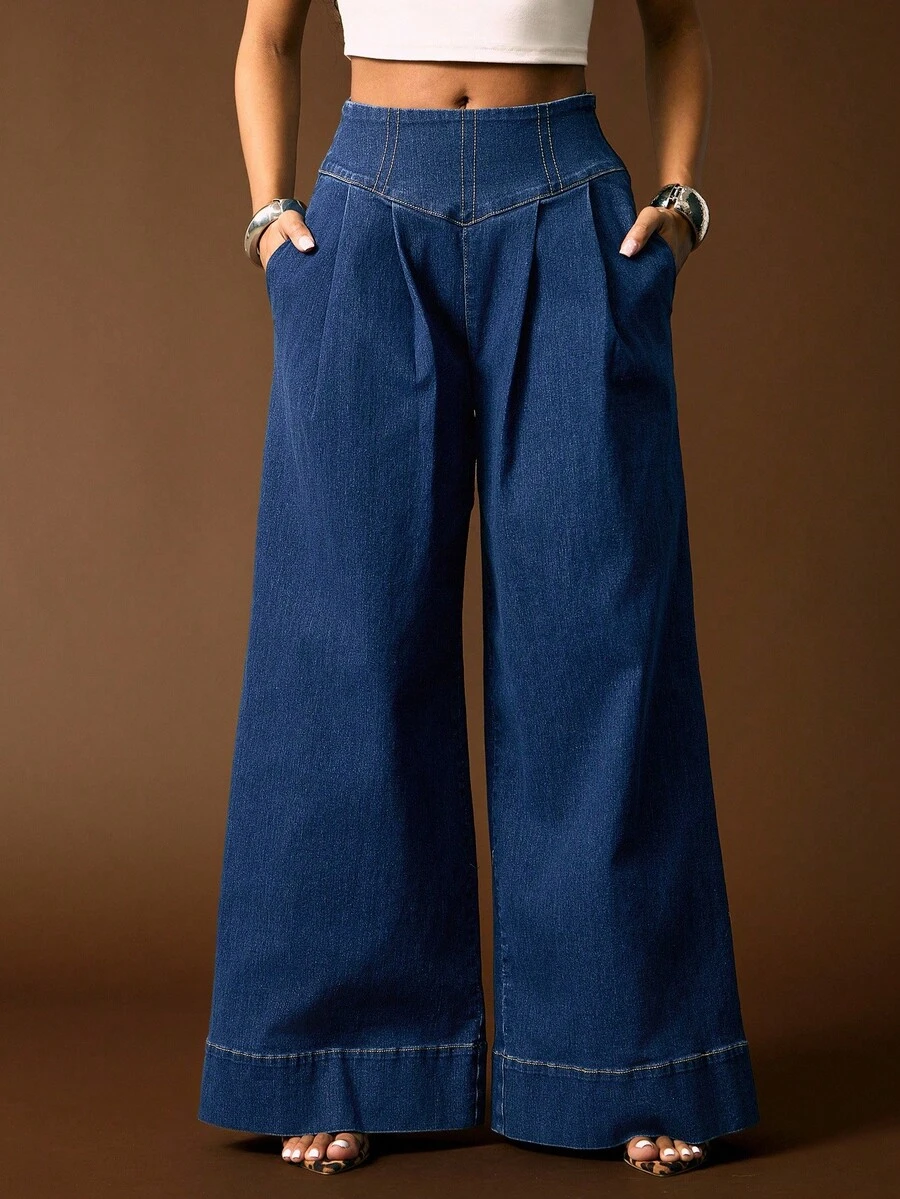 Vixey Casual, Contrast Stitch Back Lace Up High Waist Pleated Ultra Wide Leg Denim Jeans - Medium Wash - View 1