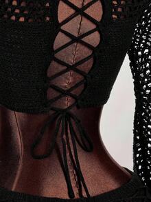 Y2K Amplova 2件套女士纯色时尚镂空V领短款毛衣套装镂空上衣钩针2件套网眼两件套 - 黑色 - 查看 10
