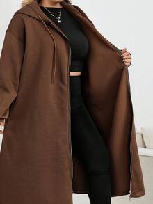 SHEIN CURVE+ 加大码女式长款连帽夹克外套，适合秋冬季女装，冬季，CURVE PLUS - 棕色 - 查看 7