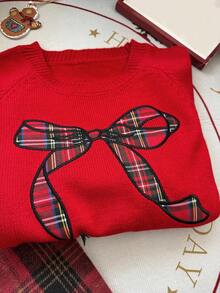 DAZY Tween Girls' Christmas Round Neck Bow Embroidered Sweater,New Year - Red - View 3