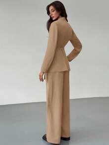 Aloruh Conjunto elegante de chaqueta de manga larga cruzada y pantalones de unicolor, ropa de otoño e invierno para mujer