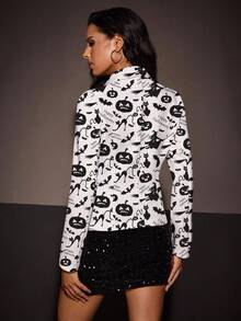 Shutterstock Glamance Halloween Casual Minimalist Women Pumpkin Print Long Sleeve Blazer, Suitable For Autumn Party & Gathering - Multicolor - View 2