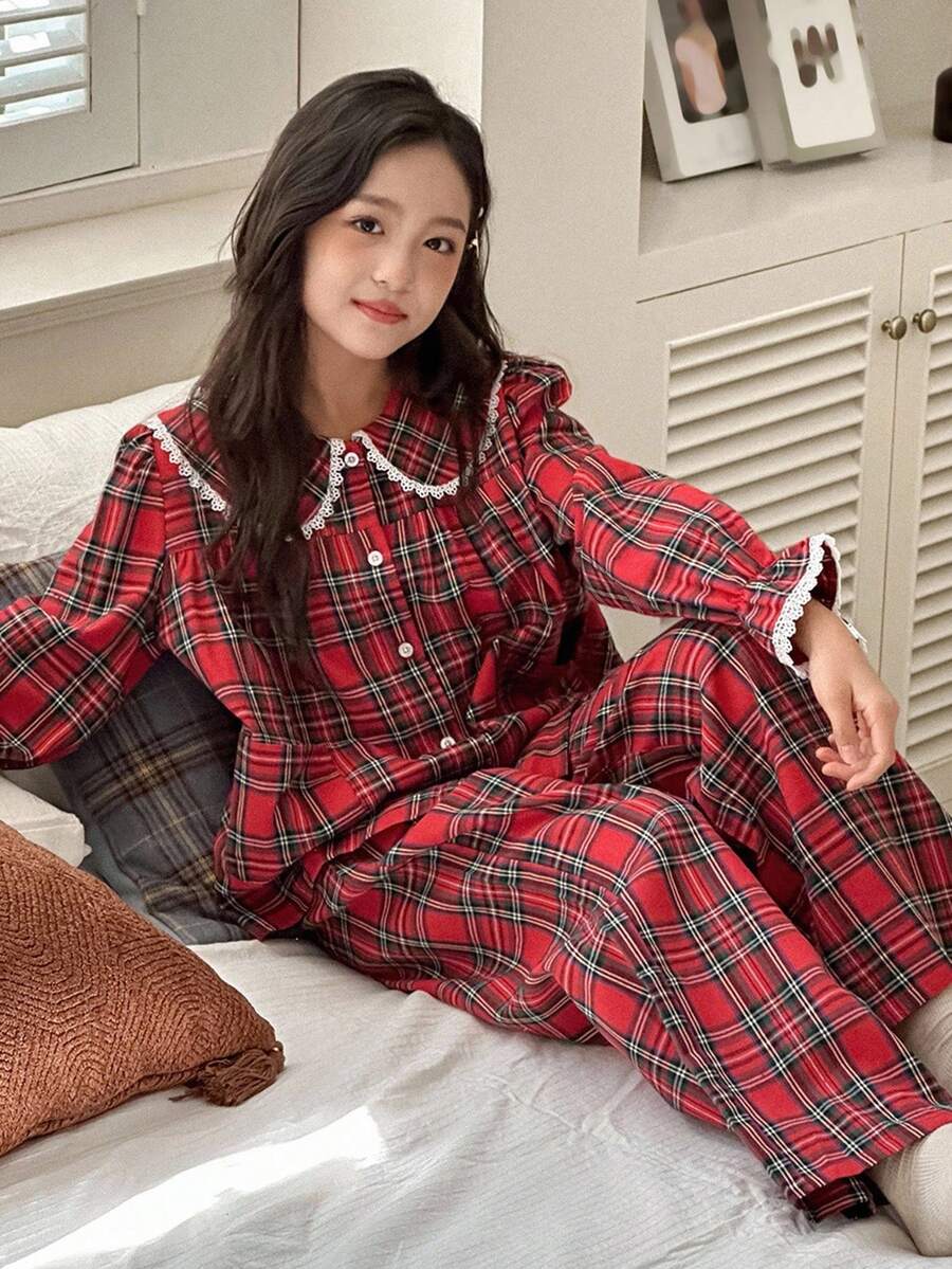 DAZY 青少年女孩休闲家居服睡衣，秋季 - 紅色 - 查看 1