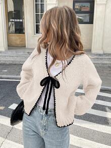 Serisse Women's Casual Contrast Color Trim Lace-Up Cardigan, Autumn/Winter,Cozy Fall And Winter Clothes For Women - Apricot - View 3