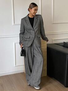 Livesso Women's Loose Business Casual Suit Set, Includes Straight Leg Pants And Gray Blazer, Elegant Office Wear For Autumn/Winter Lounge Sets For Women - Dark Grey - View 3
