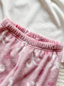 2 件套女童睡衣套装，粉色蝴蝶和心形法兰绒印花，舒适柔软羊毛圆领长袖上衣和裤子，适合日常穿着或家居服 - 粉色 - 查看 9