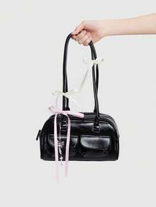 ROMWE Kawaii Sac à bandoulière/sous-bras rétro mignon pour femmes avec motif à carreaux, nœud papillon et décoration en forme de cœur de cerise. Sac Boston à plusieurs poches pour l'épaule