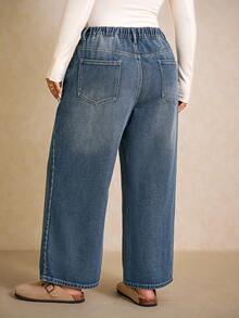 Elaquor 大码不对称腰牛仔裤蓝色高腰直筒裤秋冬休闲装，牛仔裤，女士冬季牛仔裤 - 中等水洗藍 - 查看 3