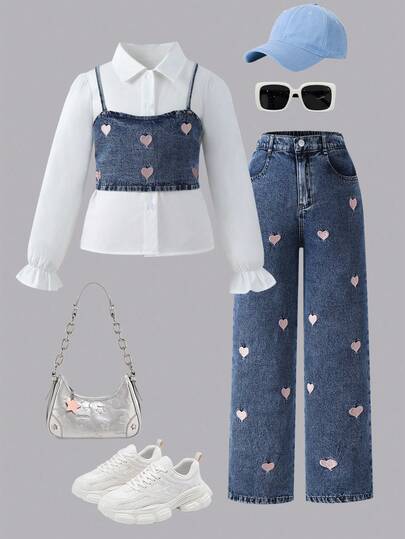 3Pcs/Set Tween Girls Y2K Style Precise Heart Embroidered Camisole With Shirt & Extra Long Pants Denim Outfit, School, Campus, College