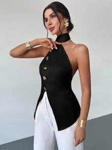 Firerie Ladies New Style Asymmetric Metal Button Casual Elegant Backless Sleeveless Top/Cute Top/Elegant Off-Shoulder Top/Imitation Silk Satin Texture Top/Backless Strappy Top,Black Top,Sexy Top - Black - View 6