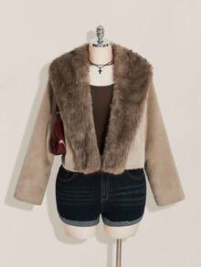 SHEIN ICON Plus Size Faux Fur Collar Jacket In Apricot, Warm Daily Wear For Autumn/Winter - Khaki - View 1