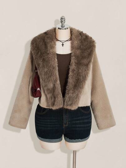 SHEIN ICON Plus Size Faux Fur Collar Jacket In Apricot, Warm Daily Wear For Autumn/Winter