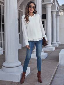 EMERY ROSE Women's Solid Color Round Neck Casual Versatile Knitted Vest, Autumn