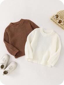 SHEIN 2pcs/Set Cute Unisex Baby Casual White & Brown Long Sleeve Sweater, Versatile Baby Clothes For Autumn/Winter Fall - Multicolor - View 1