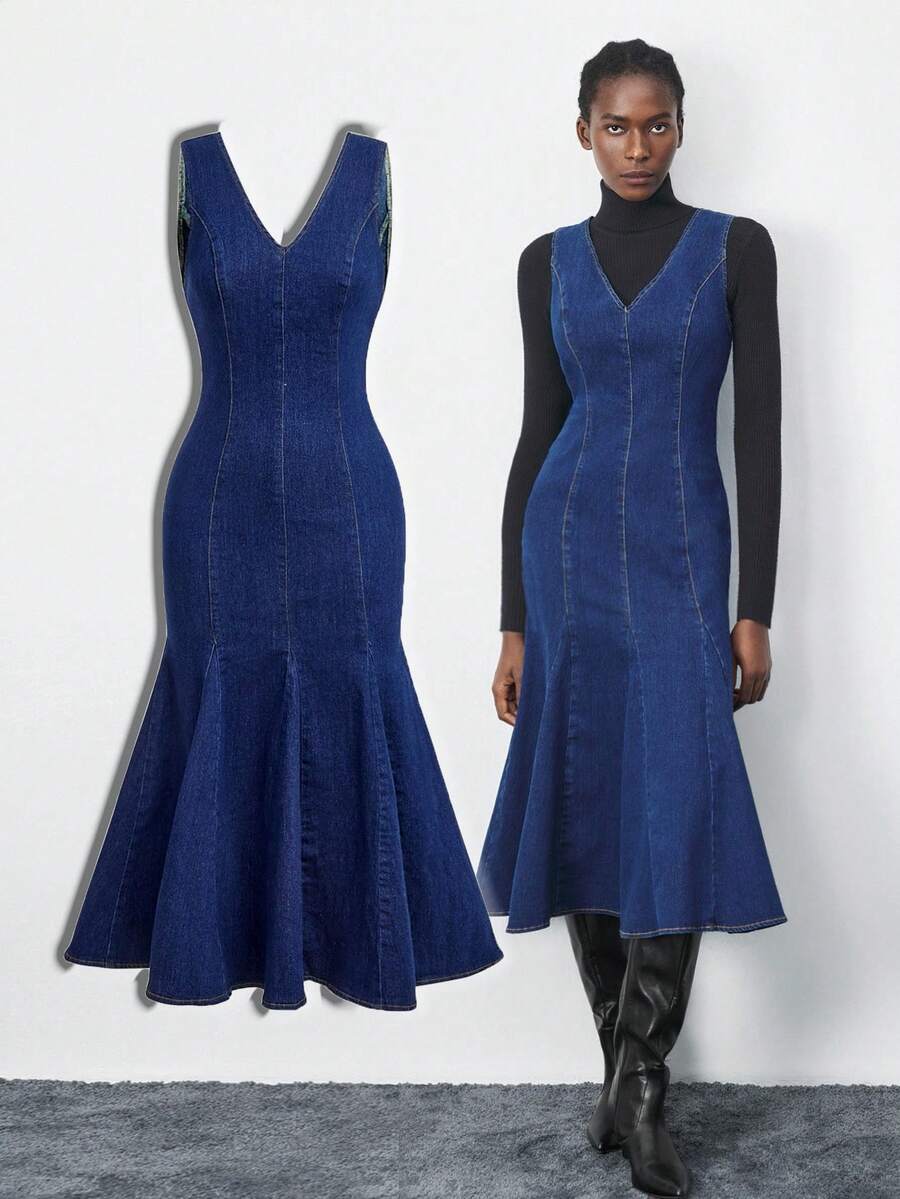 Maija Women's Dark Blue Denim Dress, Comfortable Stretch Denim V-Neck Dress, Layerable And Elegant Fishtail Hem For Autumn Wear - Medium Wash - View 1