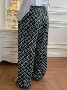 Dazy Plus Celana Tidur Ukuran Besar Motif Bunga Seluruh Permukaan dengan Lapisan Termal, Gaya Nenek, Musim Dingin - Dark Green - View 2