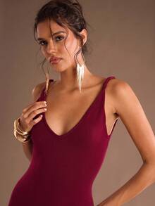 SHEIN Glamour Elegantes rotes rückenfreies Twist-Strickkleid für Herbst/Winter, Unterziehshirt zum Layering - Bordeaux - Übersicht 4