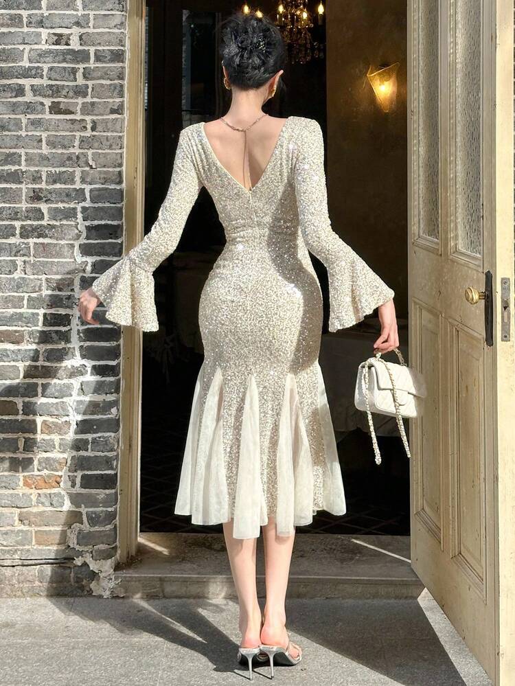 Elegant Party Sequin Patchwork V-Neck Fishtail Midi Dress For Women, Autumn Prom Dress,New Year,Christmas Carnival Sparkly Dress