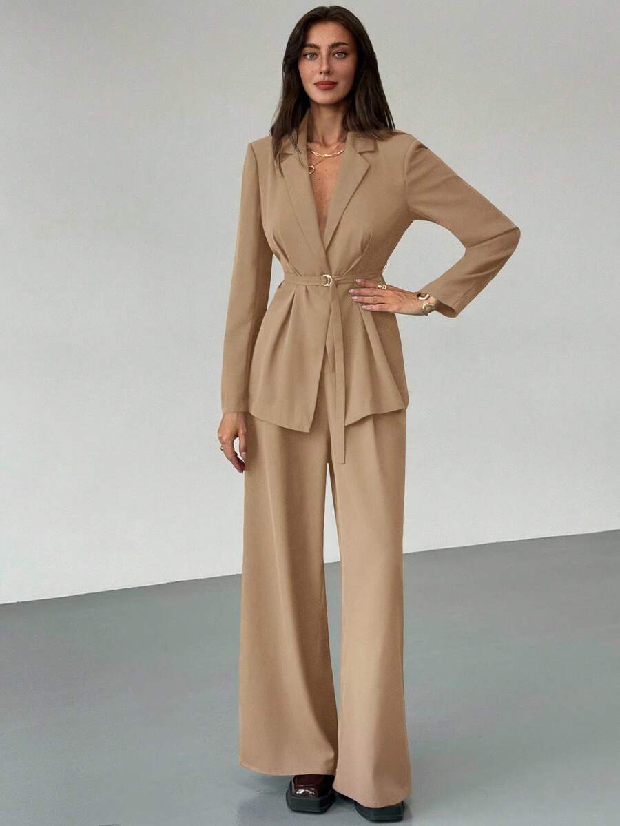 Aloruh Conjunto elegante de chaqueta de manga larga cruzada y pantalones de unicolor, ropa de otoño e invierno para mujer