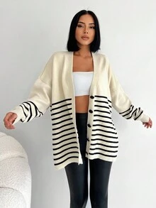 EURMUSE Striped Pattern Drop Shoulder Cardigan