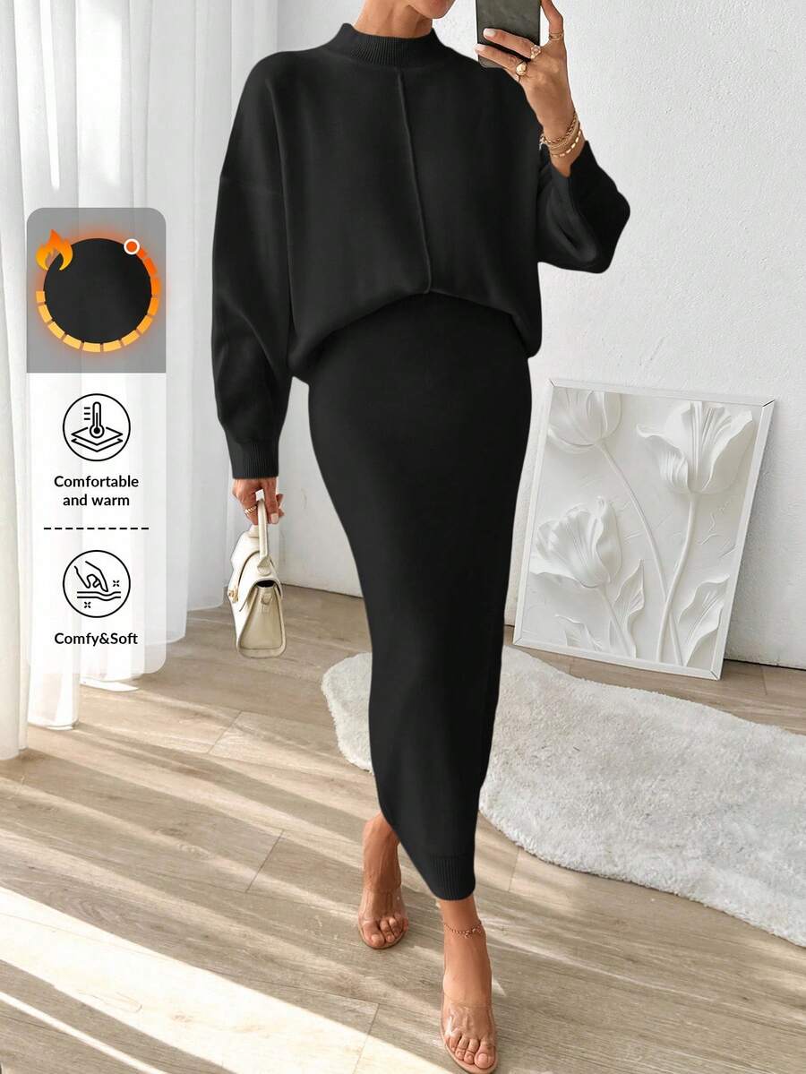 EURMUSE Set elegante da donna con maglione a maniche a pipistrello e colletto alto e gonna lavorata a maglia, autunno/inverno - nero - Visualizzare 1