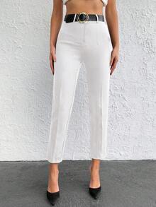 EURMUSE Solid Color Slim Fit Capri Pants With Slanted Pockets - White - View 3