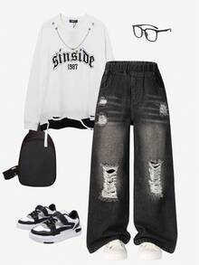 Quần jeans ống đứng dáng rộng thoải mái cho bé trai phong cách thập niên 90 Y2K - màu đen - Xem 1