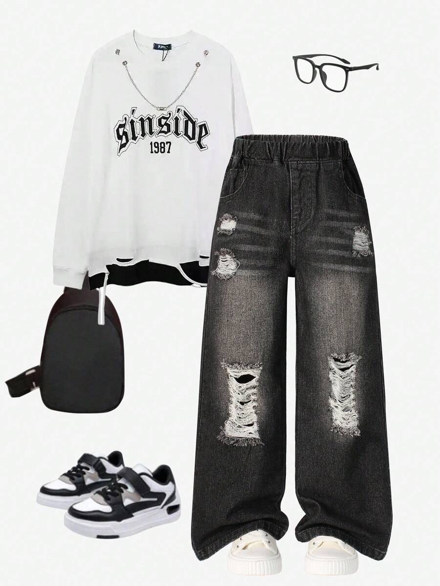 Quần jeans ống đứng dáng rộng thoải mái cho bé trai phong cách thập niên 90 Y2K - màu đen - Xem 1