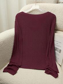 Franclia 女士休闲半透明 V 领开衫、混合纱线针织毛衣、春夏 - 酒紅色 - 查看 2