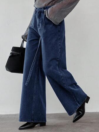 Dazy-Less Women's Vintage Washed Original Color Casual Loose Drawstring Waist Straight Leg Jeans, Fashionable Street Style, Suitable For Autumn & Spring