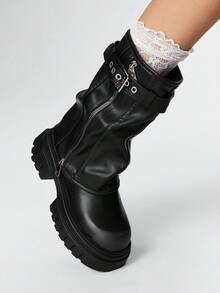 ROMWE Grunge Punk Women's Buckle Design Side Zipper Fashion Casual Mid-Calf Boots For Christmas