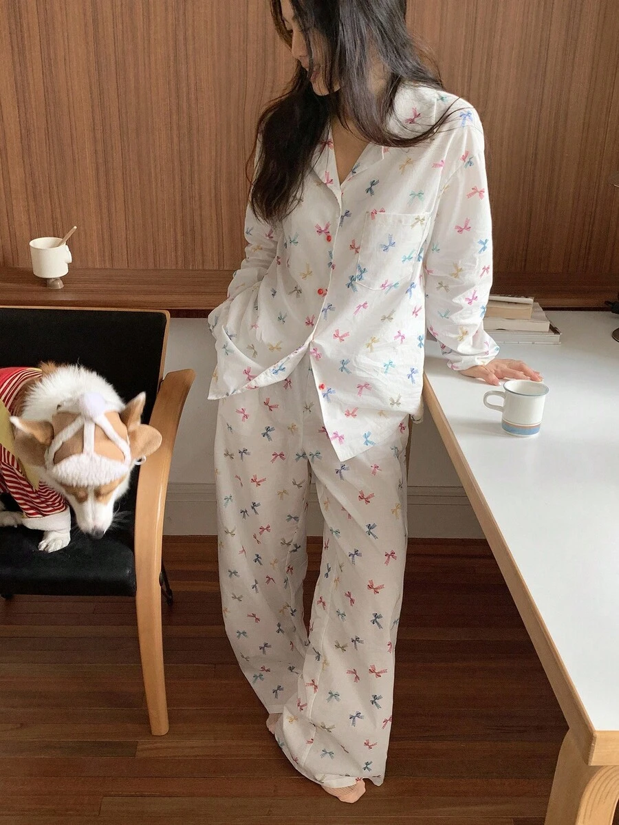 DAZY Bow All-Over Print Women Pajama Set Fall Winter Clothes - Apricot - View 1