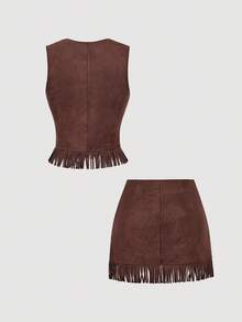 SHEIN MOD Bộ 2 món áo vest tua rua viền da lộn màu nâu và chân váy mini cho nữ - Cà phê nâu - Xem 2