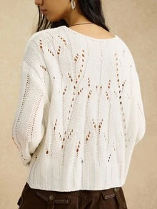 Easelle Casual Floral Embroidered Hollow Knit Sweater, Autumn Wool Pattern Autumn And Winter Sweater V-Neck White Embroidered Pattern