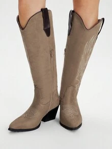 Styleloop 女士时尚舒适西部靴，适合万圣节、圣诞节、派对、秋季音乐节、女牛仔风格 - 米色 - 查看 6