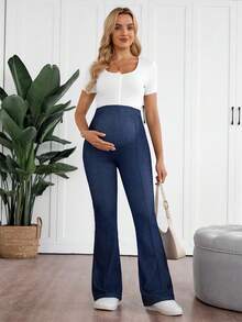 SHEIN 孕妇休闲水洗高腰修身喇叭牛仔裤，圣诞节、万圣节、秋冬季、国庆节、优雅街头风、生日、机场商务休闲女装乡村复古风 - 藍色 - 查看 5