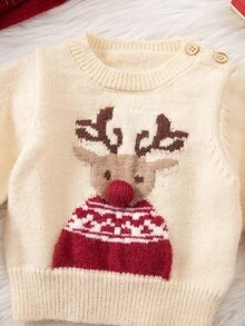 SHEIN White,Autumn,Cute Newborn Baby Deer Pattern Round Neck Long Sleeve Knitted Sweater,Autumn/Winter Versatile Warm Christmas Animal Top With Antlers - Multicolor - View 3