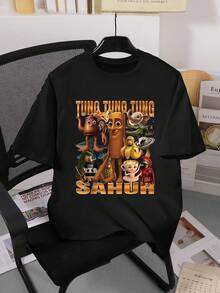 GraphicGems Tween Boys Funny Casual "Tung Tung Tung Sahur" Slogan Wooden Figurine Print Short Sleeve Round Neck T-Shirt, Italian Brainrot Graphic Tee, Tops - Black - View 3