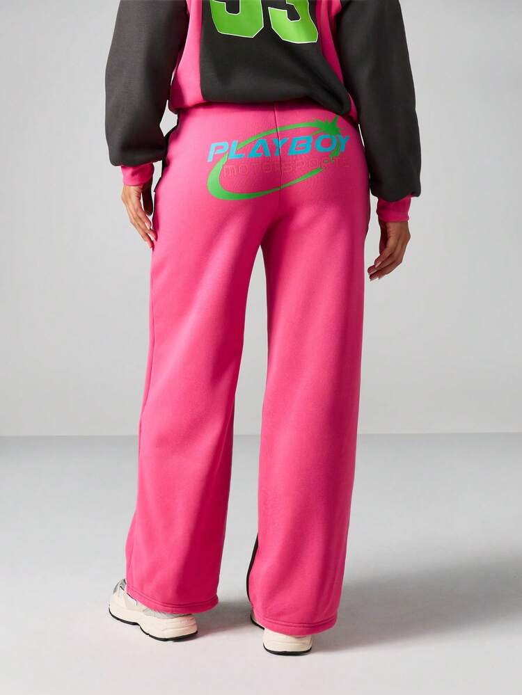 Missguided x Playboy Motorsport Wide Leg Joggers Color Block Design Varsity Style Sweatpants Streetwear Fashion High Rise Pants With Drawstring Waistband Festival Wear