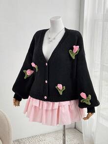 Sweetra 加大码女针织衫纯色针织开衫休闲优雅设计感手工编织郁金香花朵单排扣宽松休闲毛衣长袖外套女外套女大衣针织衫秋冬修身长袖针织衫女针织衫 - 黑色 - 查看 3