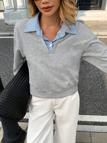 Chiquease Sudadera de mujer de nueva llegada en otoño 2025 con bloques de color gris-negro y rayas - Tela elástica transpirable, cierre de botones texturizados en el plastrón y puños acanalados, corte holgado con efecto estilizador, prenda práctica de otoño para el uso diario y el ocio de fin de semana - Multicolor - Ver 1