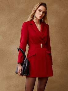 MOTF PREMIUM FALL WINTER LAPEL COLLAR BELTED BLAZER DRESS - Burgundy - View 6