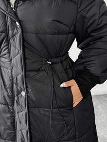 Elenzga Plus Size Women's Fashion Versatile Commute & Casual Cinched Waist Slimming Long Sleeve Thick Cotton Jacket With Detachable Fur Collar, Autumn/Winter - Black - View 6