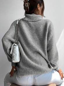 Cloudara Jersey cuello alto de manga raglán tejido de canalé - Gris - Ver 2
