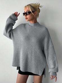 EURMUSE Stand Collar Split Hem Drop Shoulder Sweater - Light Grey - View 4